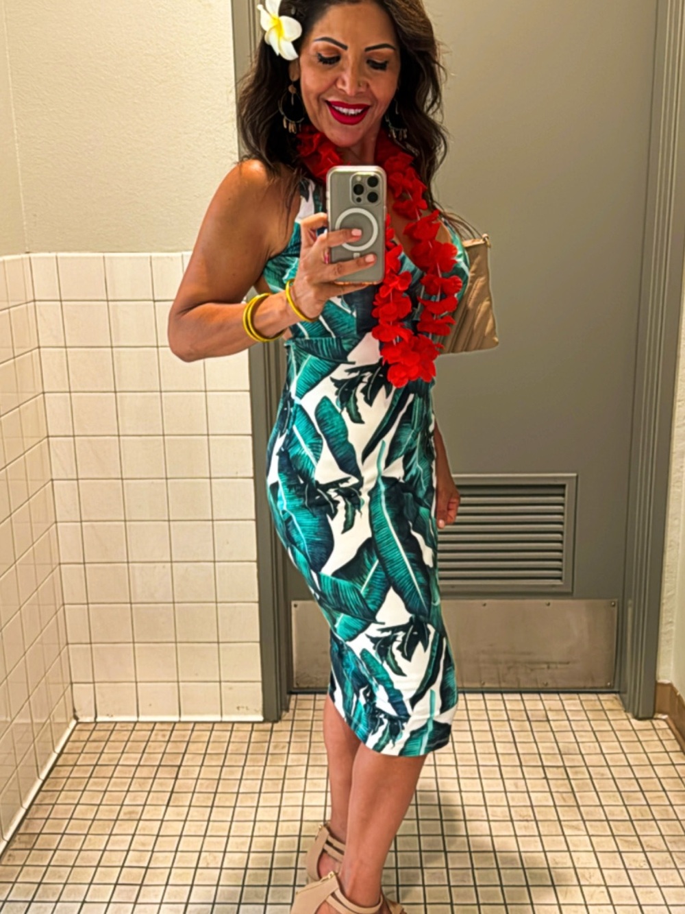 Tropical Leaf Backless Midi Dress - Green
